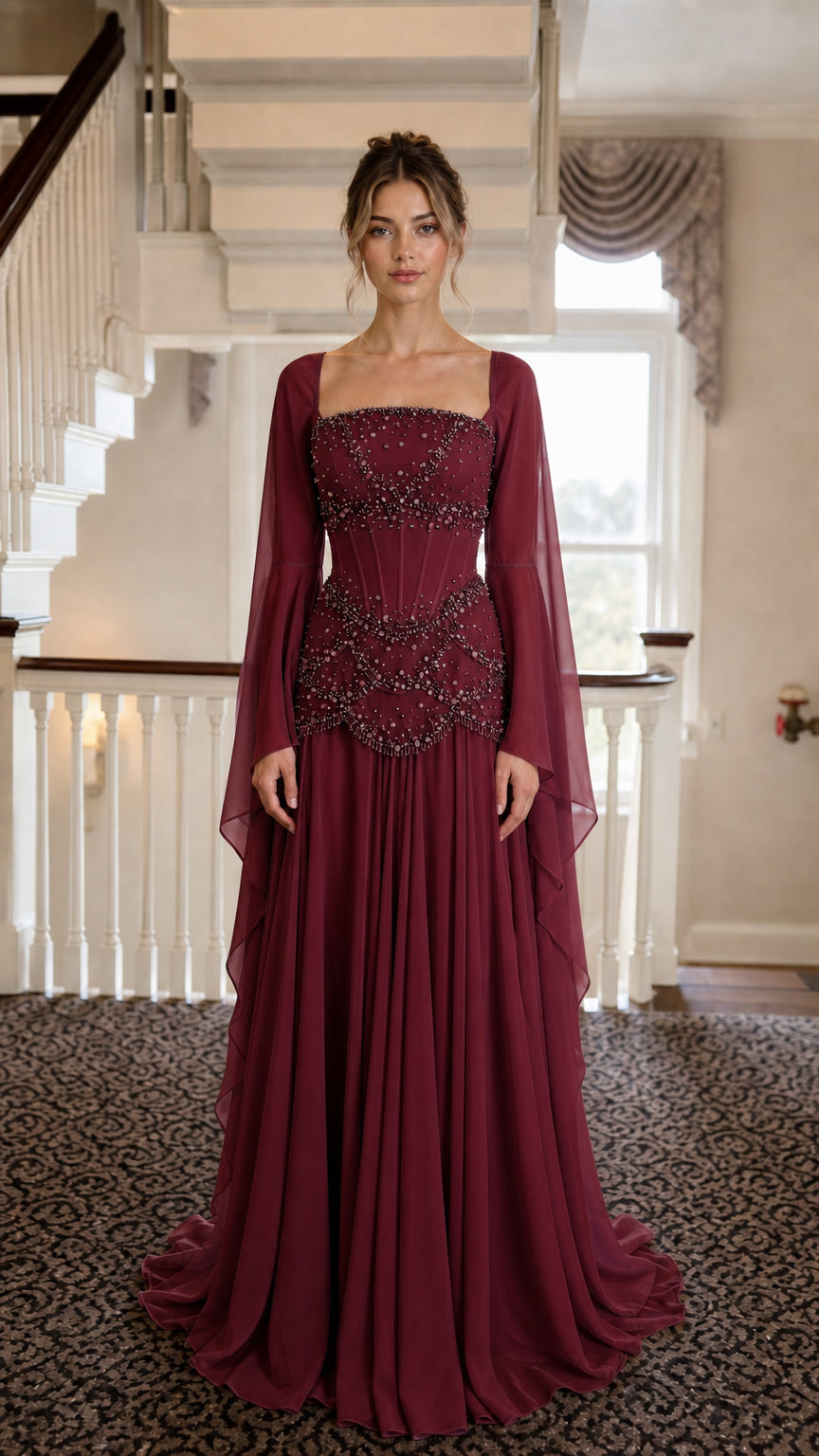 Front view of Burgundy Beaded Corset Long Sleeve Maxi Gown