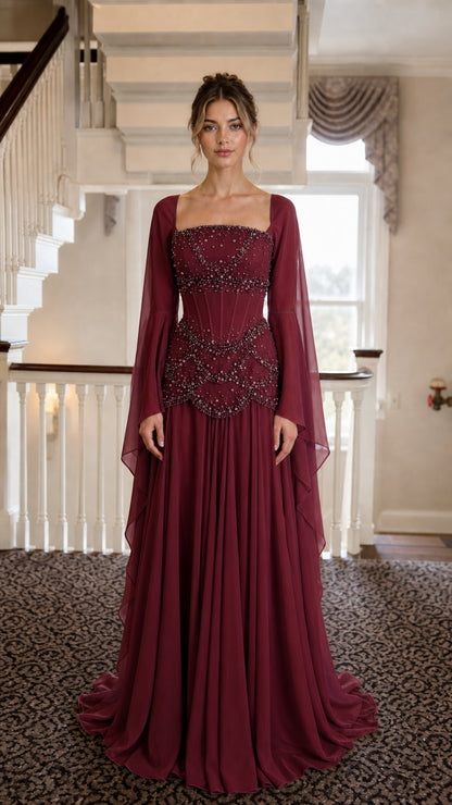 Front view of Burgundy Beaded Corset Long Sleeve Maxi Gown