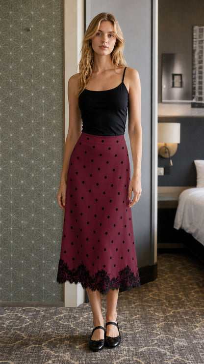 Front view of model in burgundy polka dot midi skirt with lace hem
