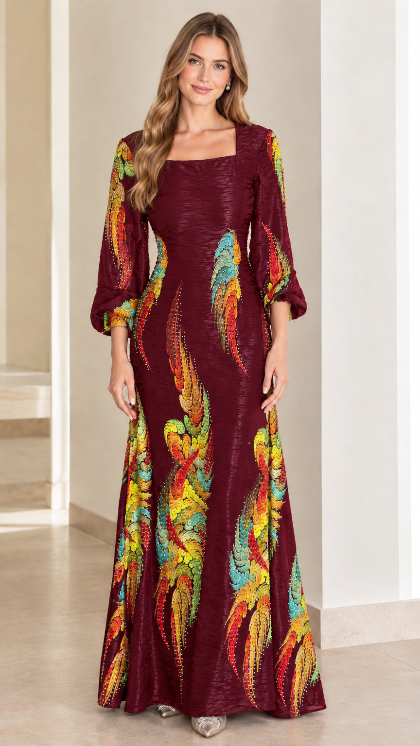 Full-length burgundy evening gown with square neck and feather design