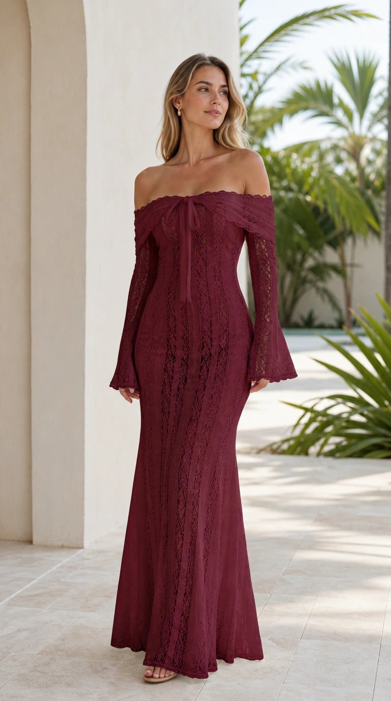 Model wearing burgundy wine off-the-shoulder long lace dress