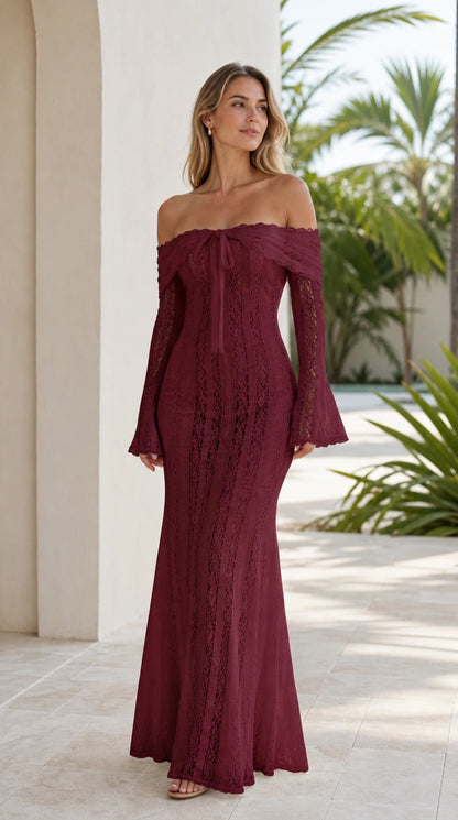 Model wearing burgundy wine off-the-shoulder long lace dress