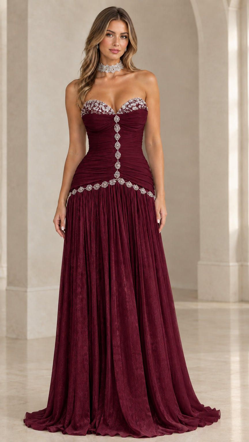 Burgundy wine strapless ruched evening gown with crystal trims