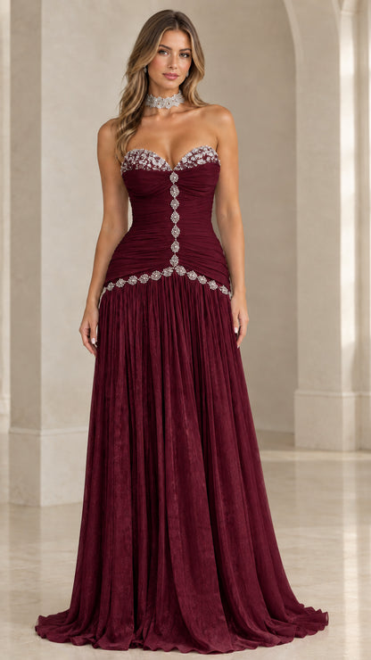 Burgundy wine strapless ruched evening gown with crystal trims