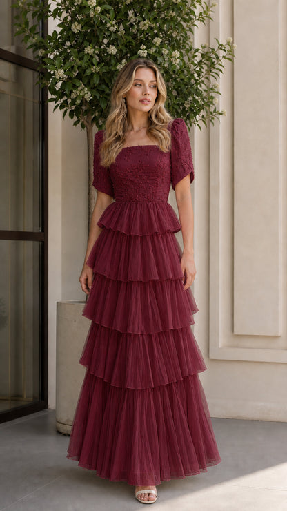 Burgundy wine red tiered tulle evening gown front view
