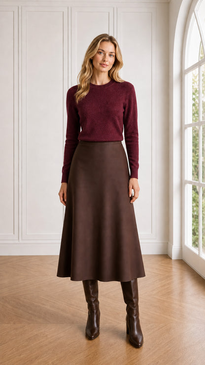 Model wearing burgundy wine long sleeve crewneck sweater with brown skirt