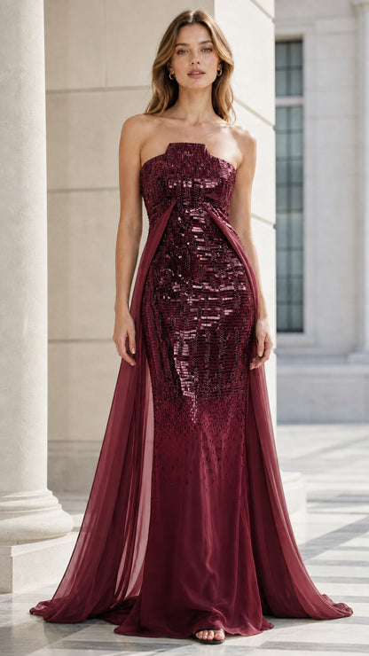 Front view of burgundy wine strapless ombre sequined formal gown with chiffon train