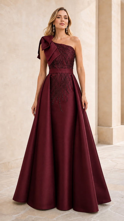 Burgundy One-Shoulder Bow Embellished Beaded Evening Gown