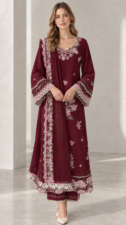Full front view of model wearing Burgundy wine floral embroidered 3-piece kurta set