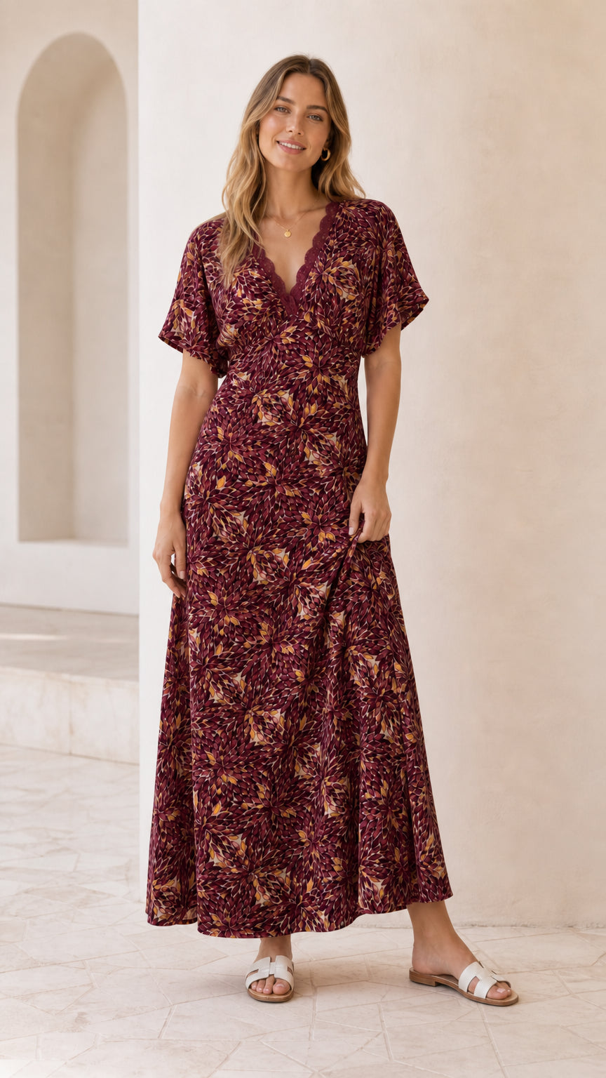 Front view of model wearing burgundy floral lace trim maxi dress