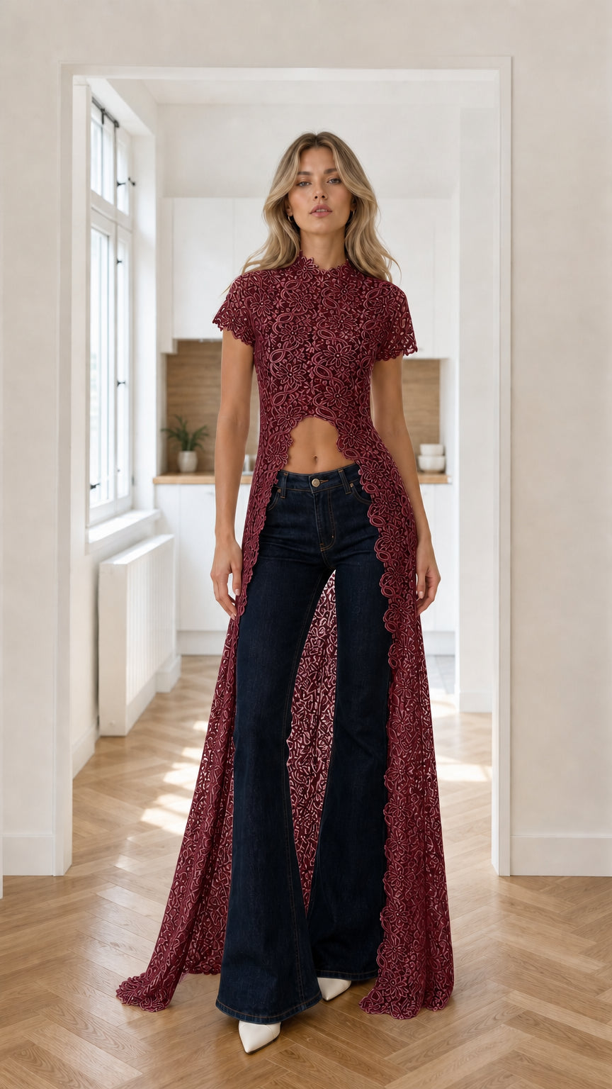 Model wearing burgundy wine red floral lace maxi duster top