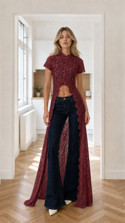 Model wearing burgundy wine red floral lace maxi duster top