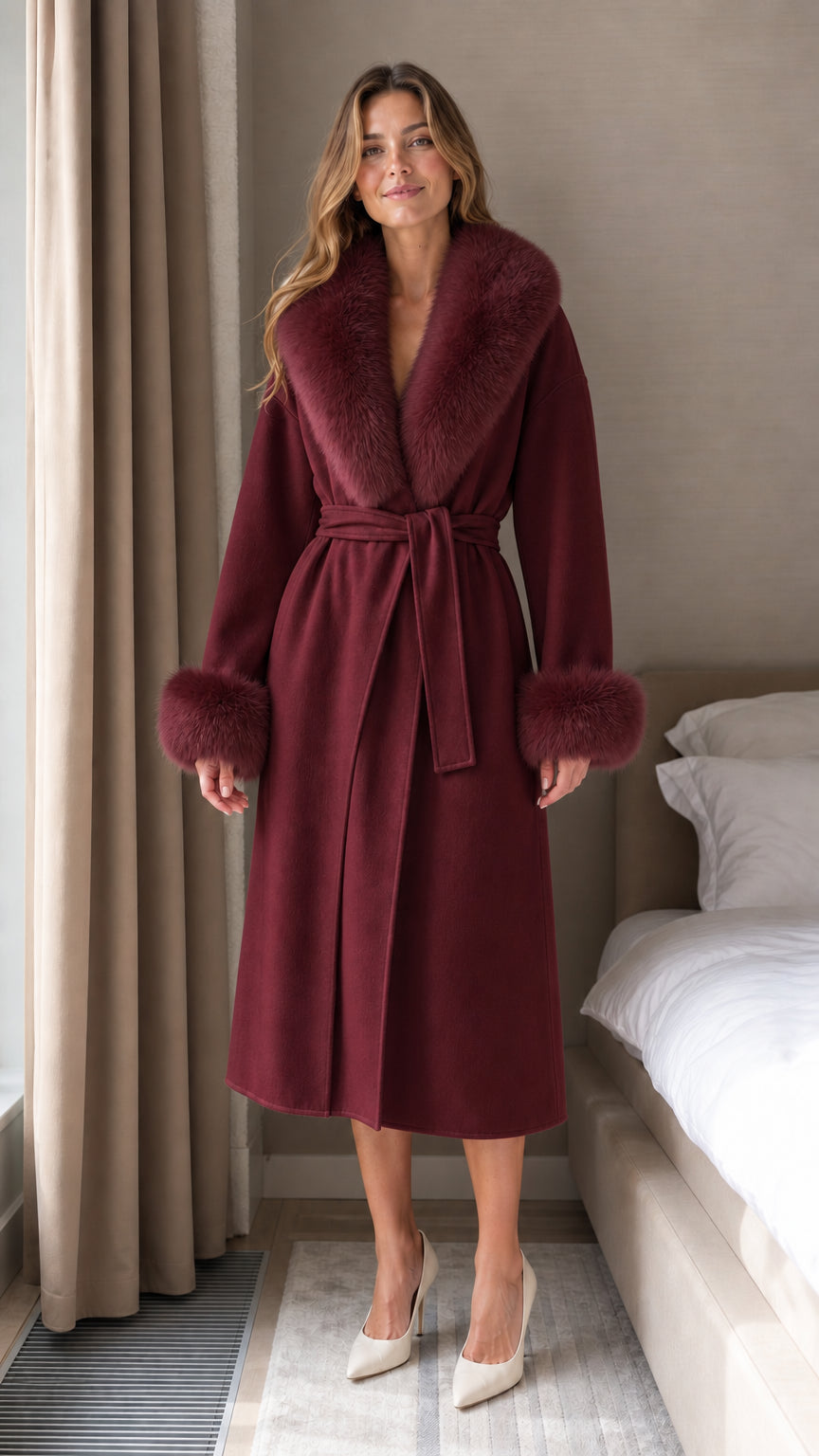 Front view of model wearing Burgundy wine red wrap coat with matching faux fur trim