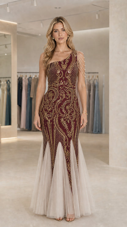 Burgundy and champagne two-tone sequin one-shoulder mermaid evening gown