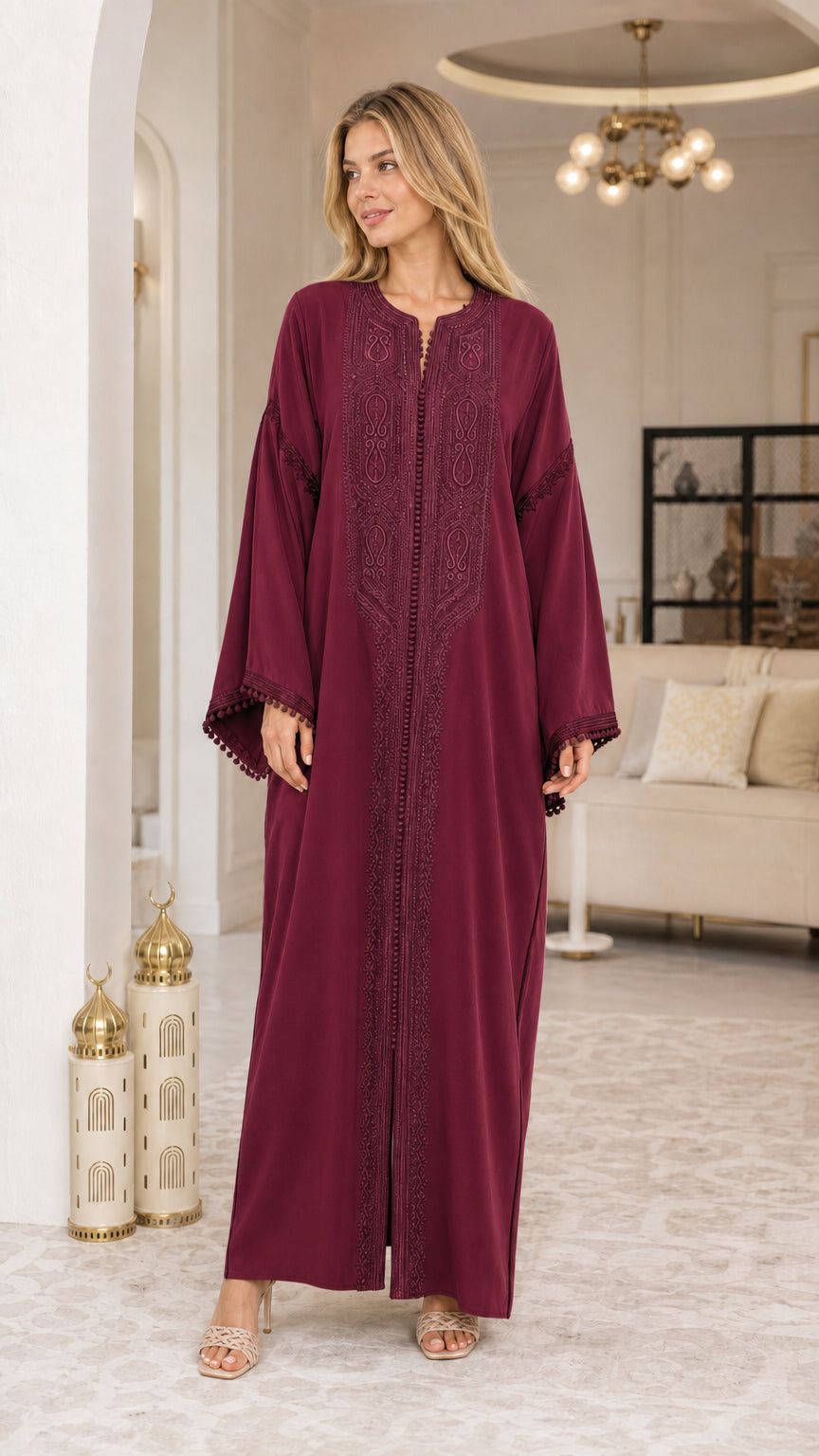 Model wearing Burgundy wine red embroidered long kaftan dress