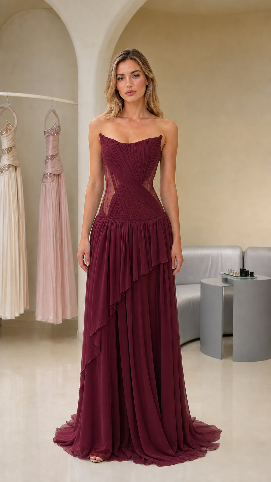 Front view of burgundy strapless evening gown