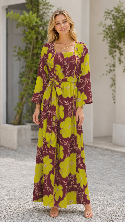 Burgundy floral print square neck long sleeve maxi dress