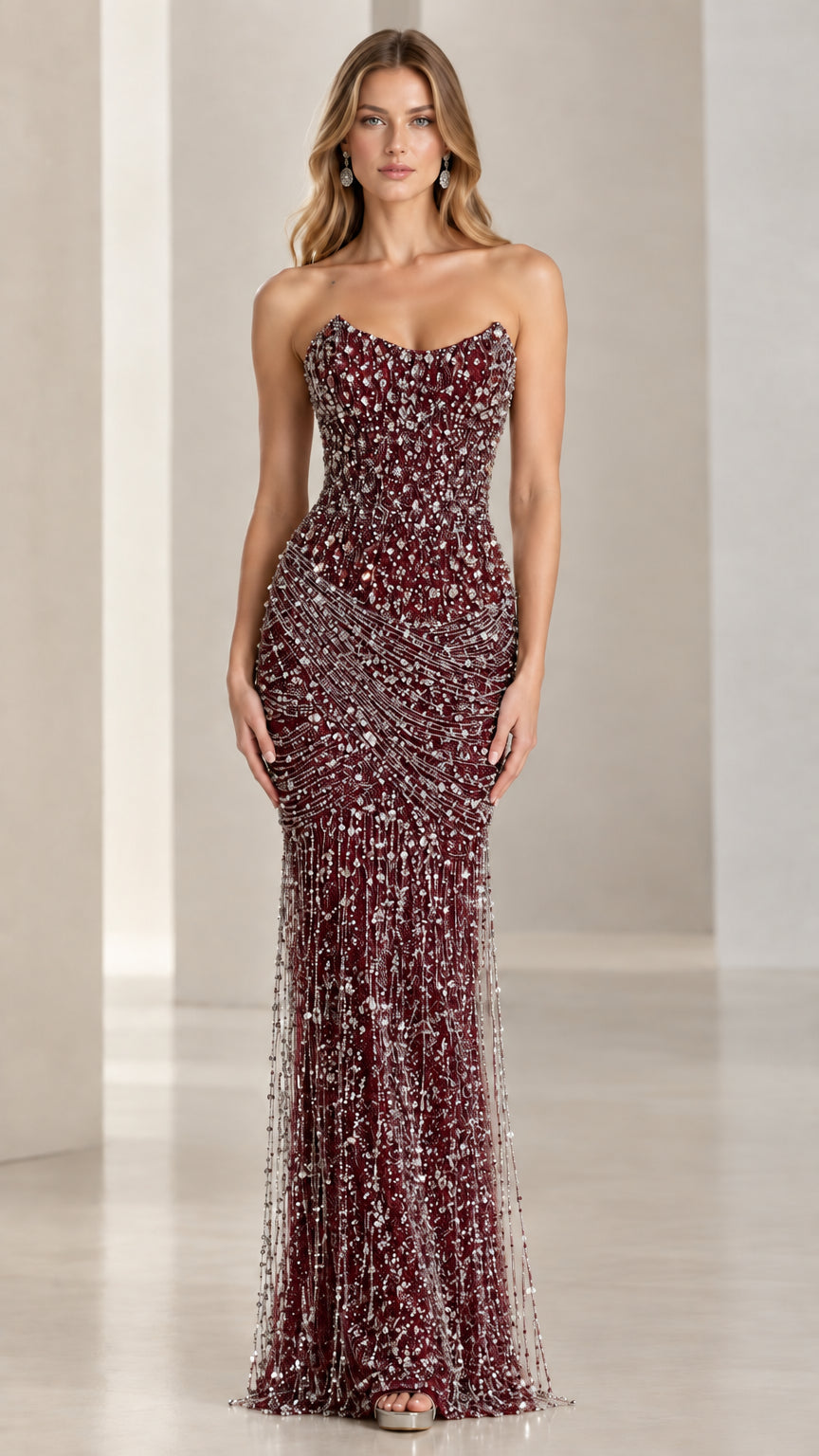 Strapless beaded sequin formal gown in burgundy