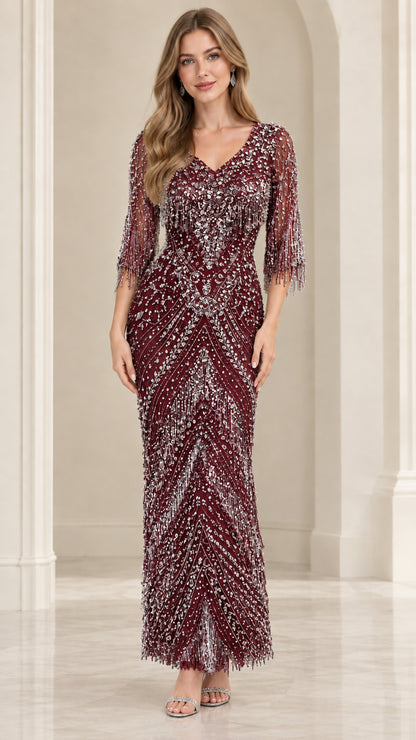 Front view of Burgundy wine red beaded formal evening gown