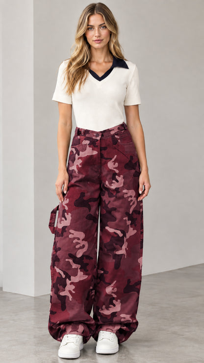 Model wearing burgundy wine camo baggy cargo pants