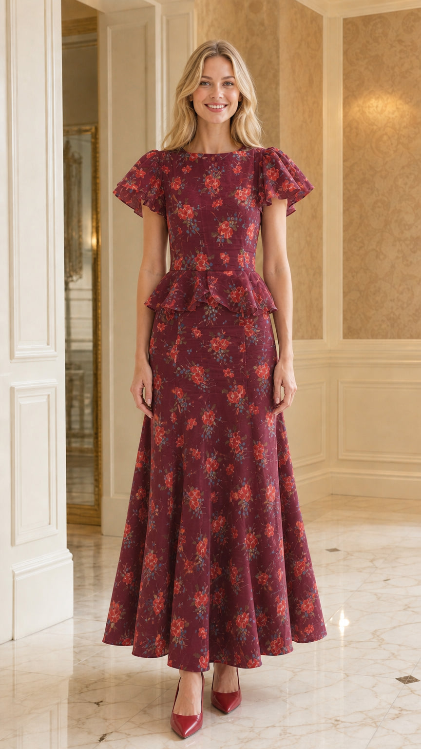 Front view of burgundy floral print ruffle sleeve peplum maxi dress