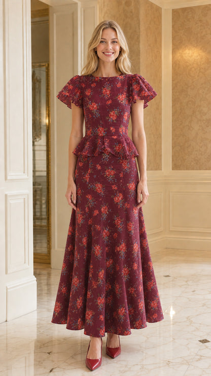 Front view of burgundy floral print ruffle sleeve peplum maxi dress