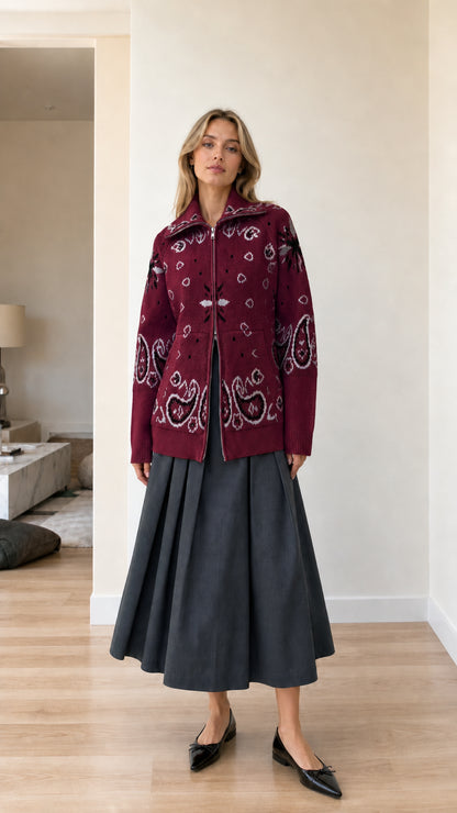Burgundy red paisley jacquard zip-up knit cardigan on model