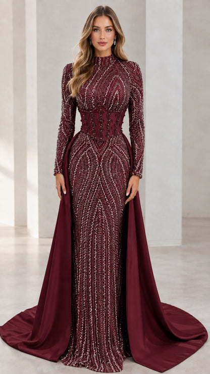 Burgundy wine red embellished evening dress with high neckline and sweeping train