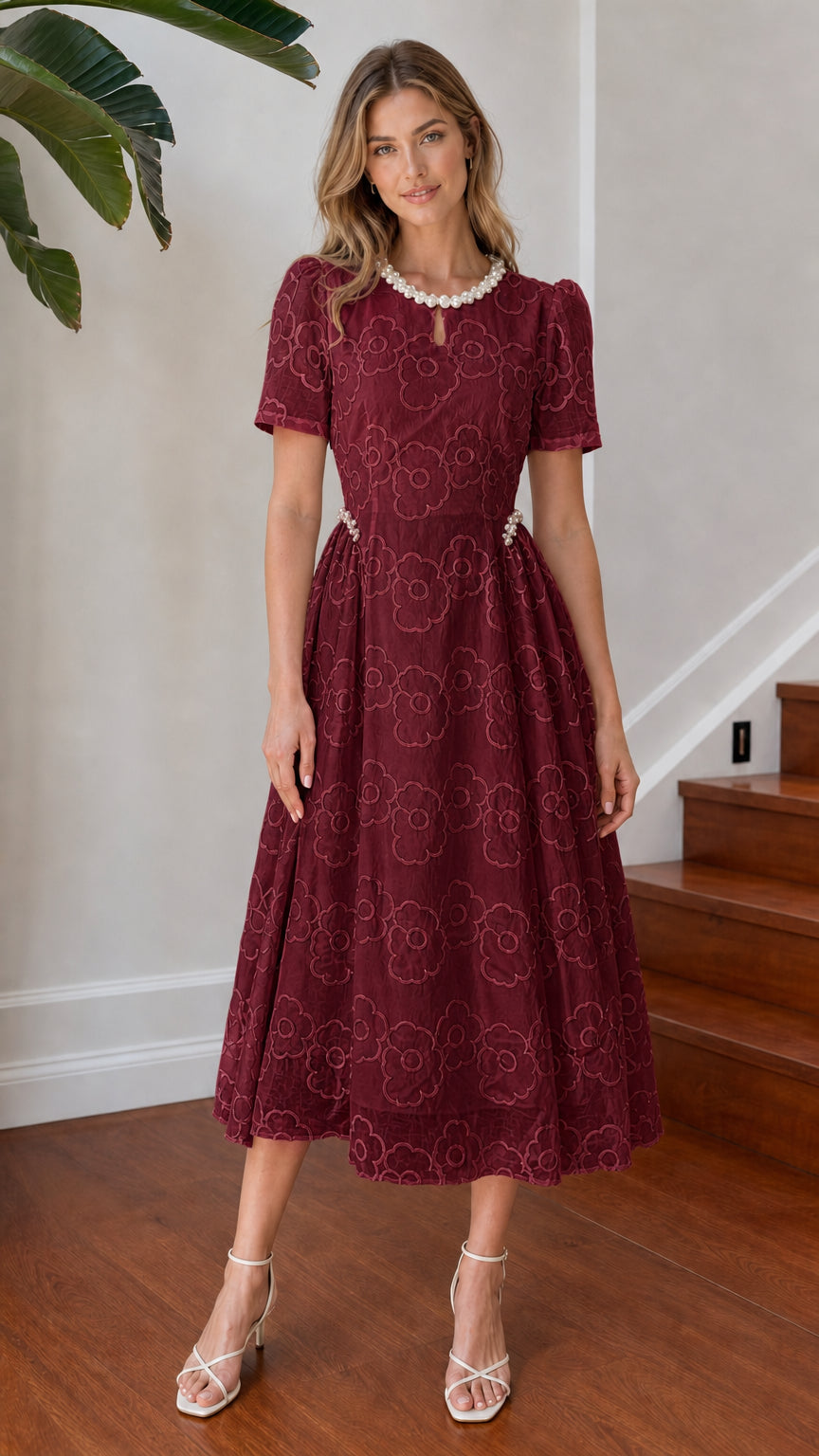 Model wearing burgundy wine red floral embroidered pearl neckline midi dress