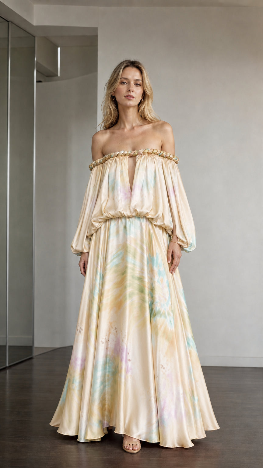 Model wearing cream multi tie-dye off-the-shoulder maxi dress