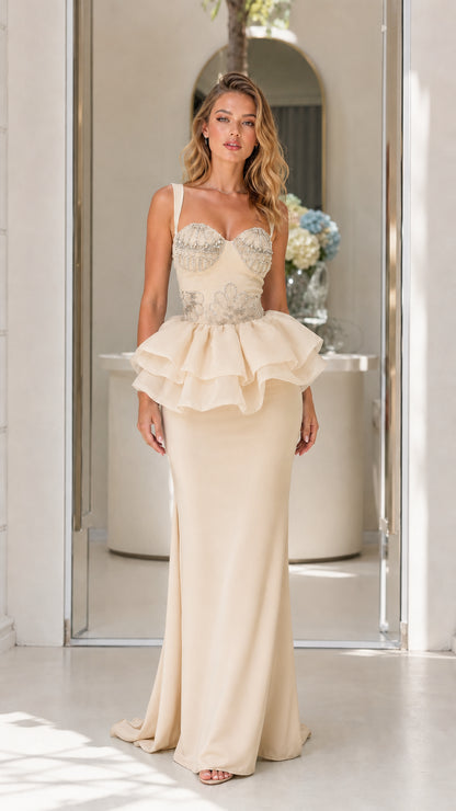 Front view of champagne evening dress with shell embroidery