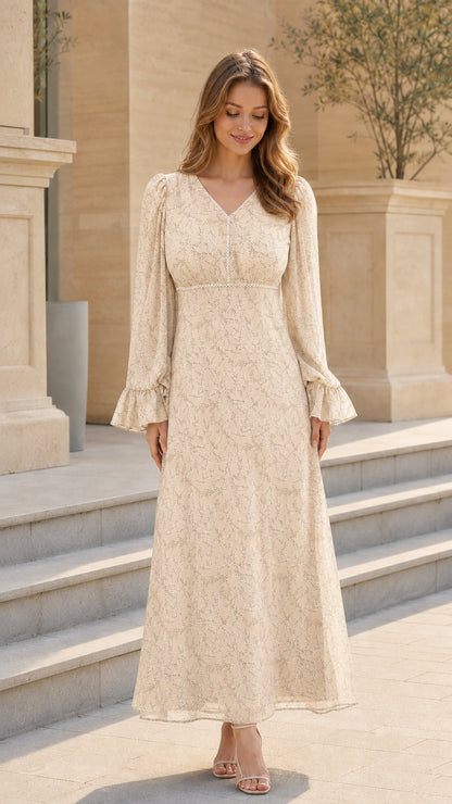 Model wearing cream beige floral long sleeve maxi dress