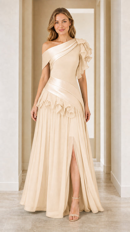 Model wearing champagne one-shoulder evening gown