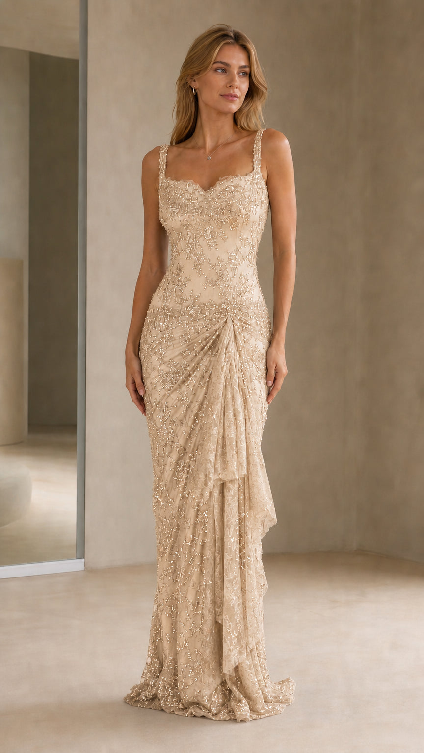 Front view of model wearing champagne beaded evening gown