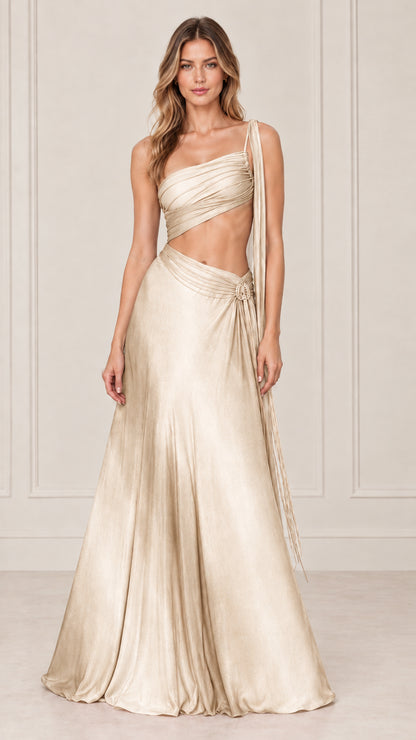 Front view of model wearing champagne gold one-shoulder cutout formal evening dress