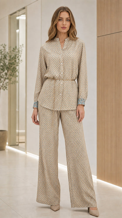 Model wearing beige geometric print matching set