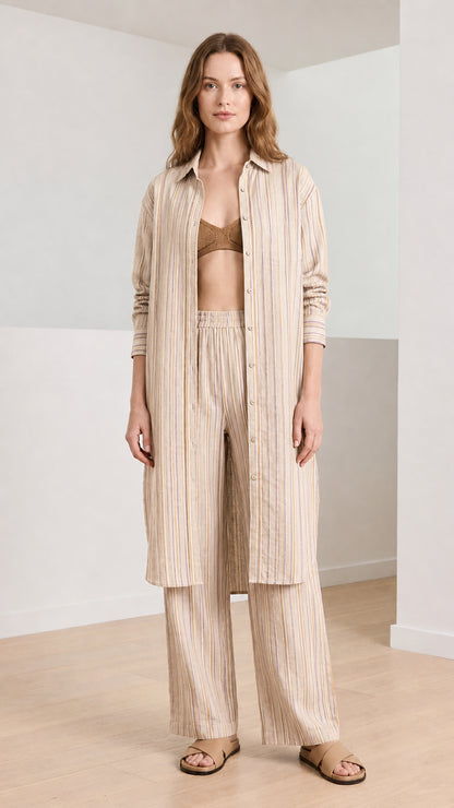 Woman wearing beige striped coordinate set