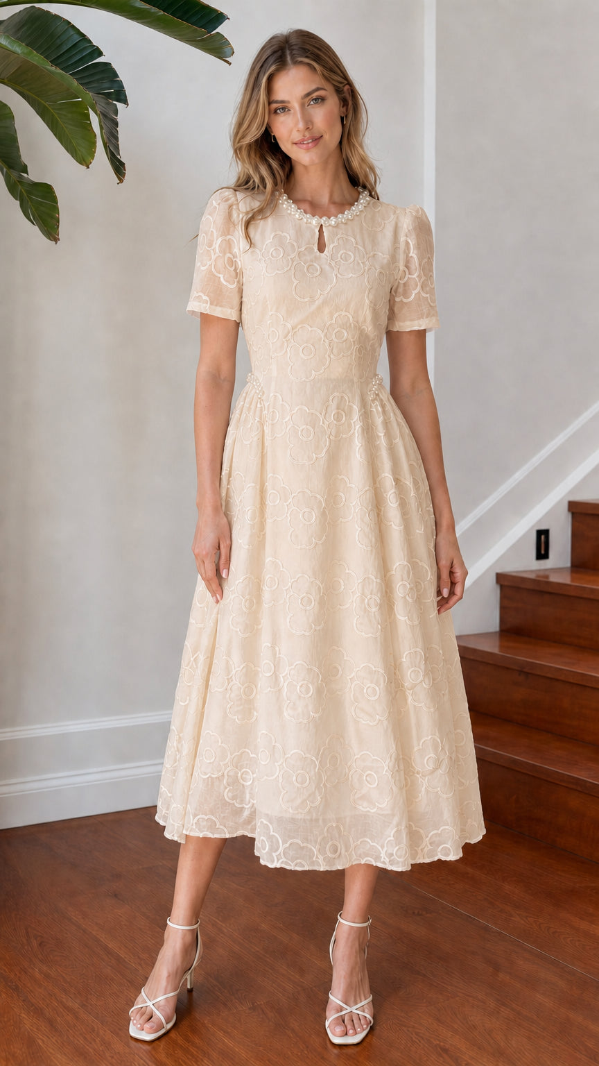 Model wearing champagne beige floral embroidered pearl neckline midi dress