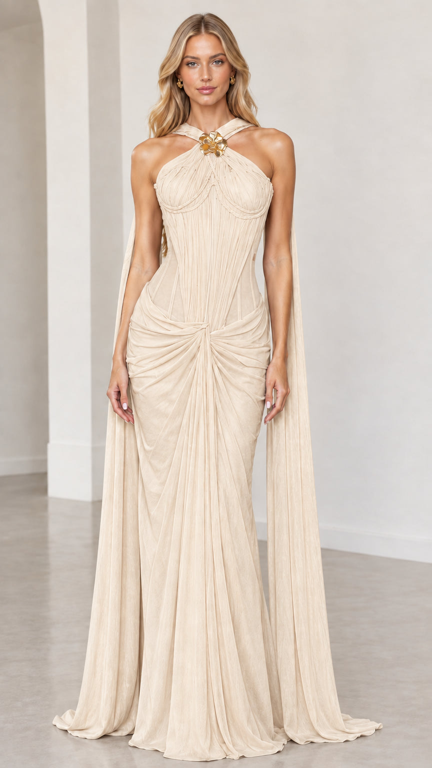 Front view of champagne ivory halter neck draped corset evening gown