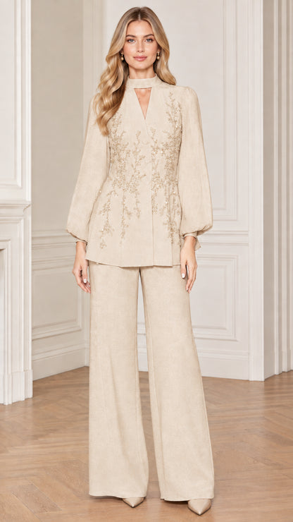 Champagne beige embroidered formal pant suit front view