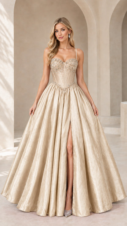 Front view of champagne gold beaded corset ball gown with slit
