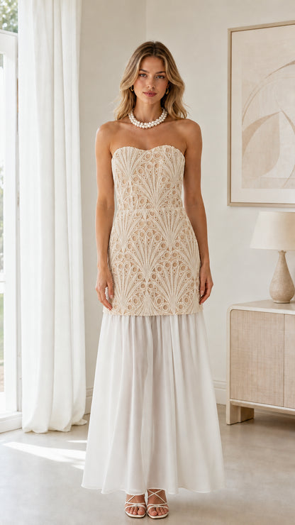 Front view of champagne beige embroidered bodice with white skirt strapless maxi dress