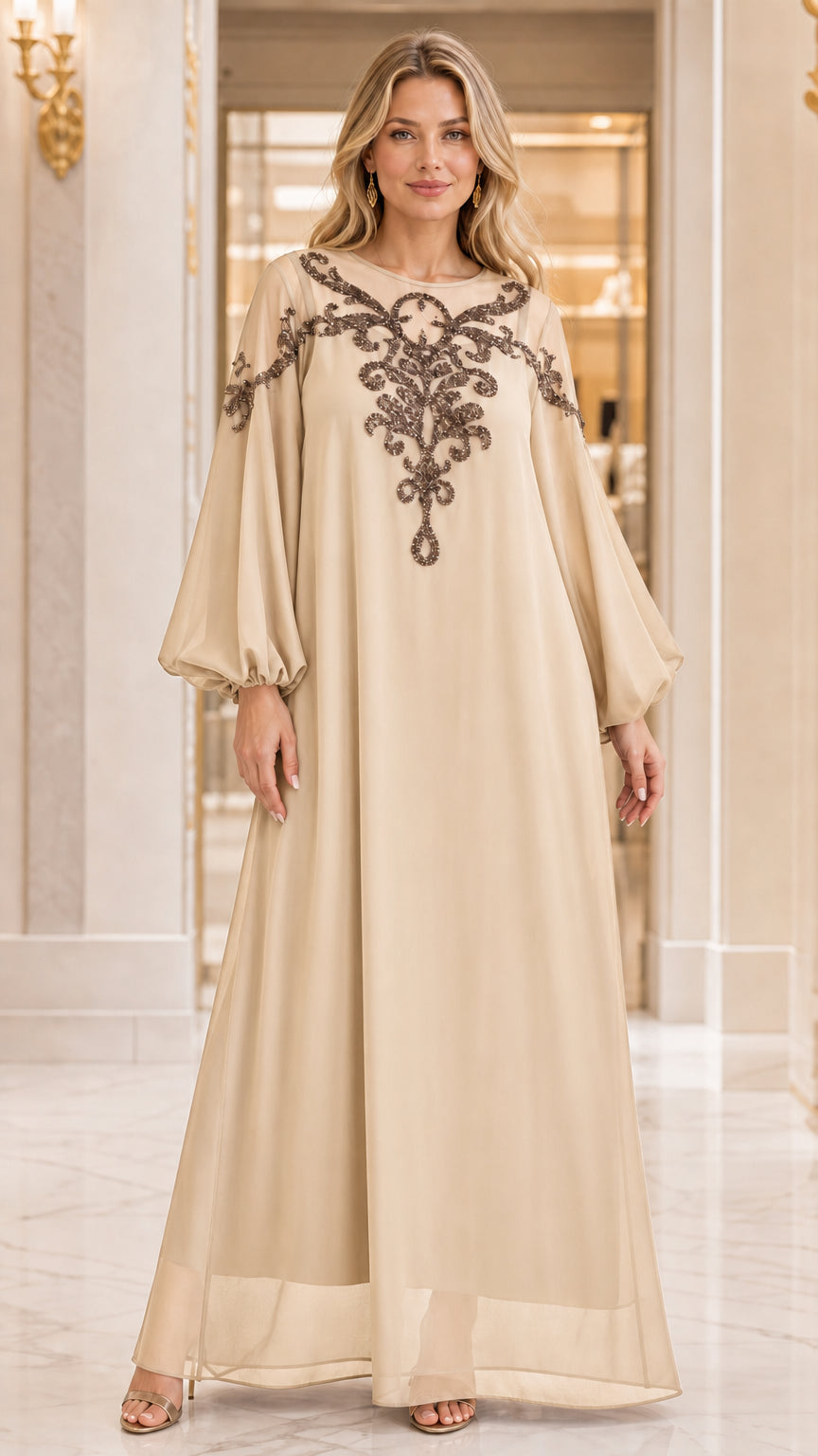 Full-length front view of woman wearing Champagne beige beaded chiffon kaftan dress