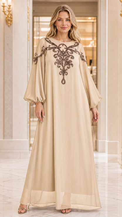 Full-length front view of woman wearing Champagne beige beaded chiffon kaftan dress