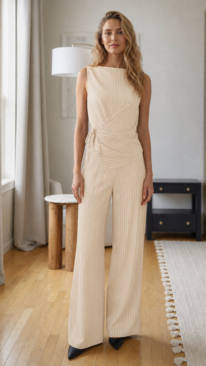 Front view of woman wearing beige pinstripe jumpsuit