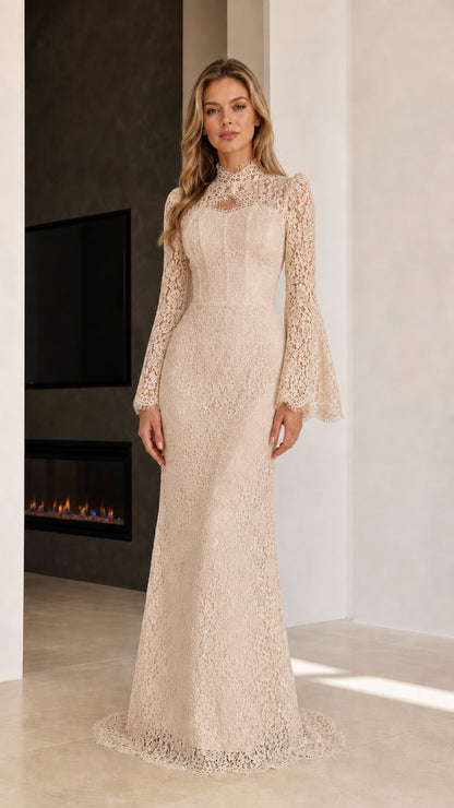 Champagne beige lace formal evening dress with long flared sleeves