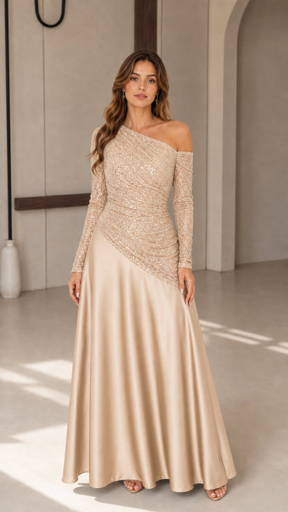 Model wearing champagne gold one-shoulder sequin satin maxi dress