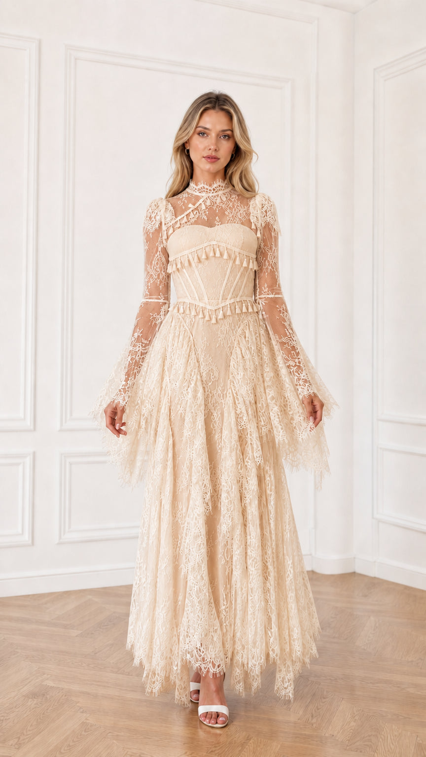 Champagne beige long sleeve lace evening gown with fringe details