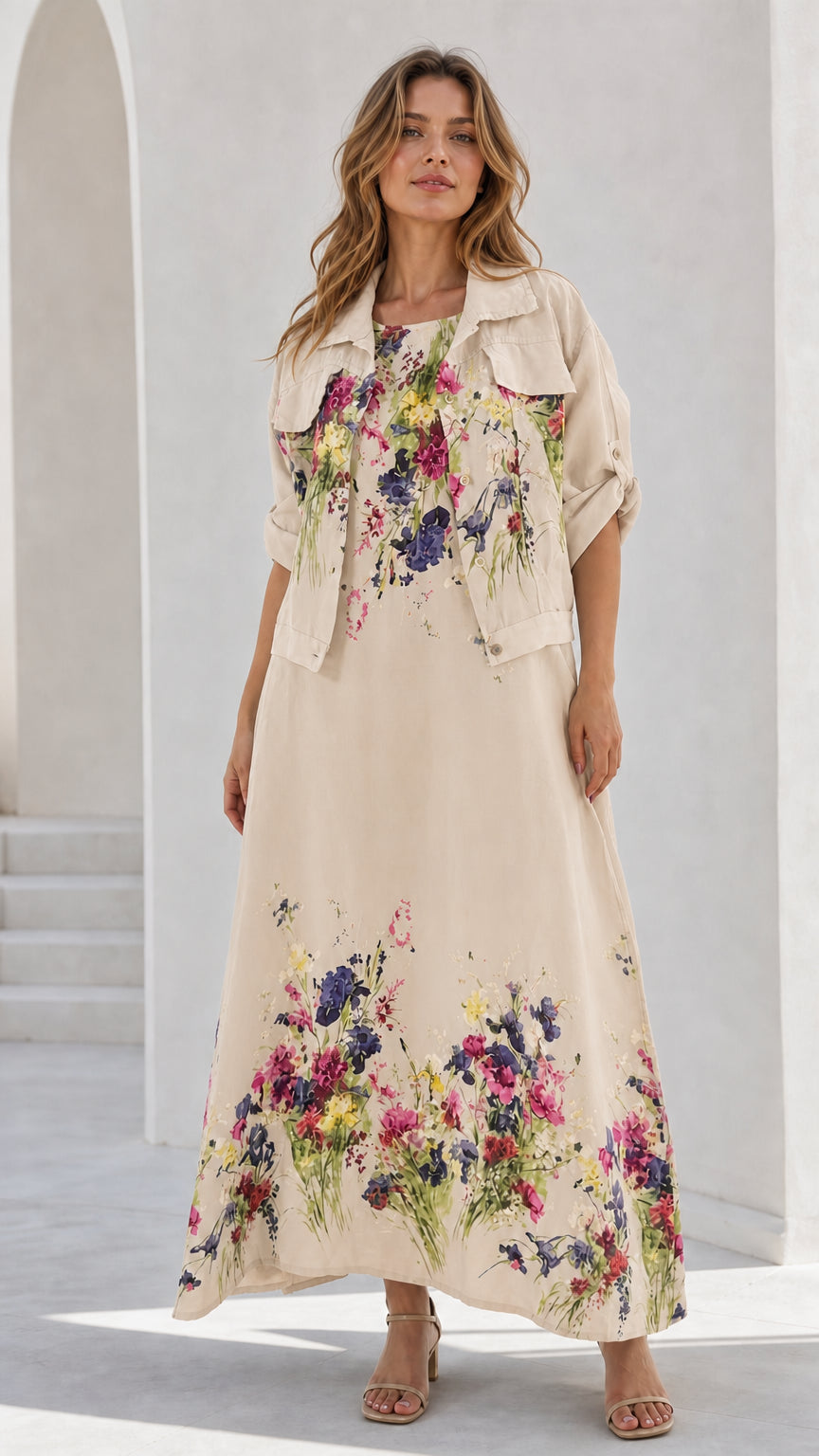 Women's cream beige floral maxi dress and cropped jacket set