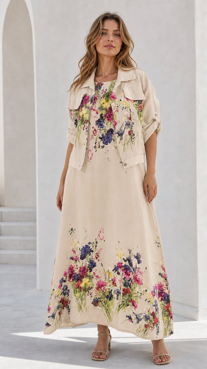 Women's cream beige floral maxi dress and cropped jacket set